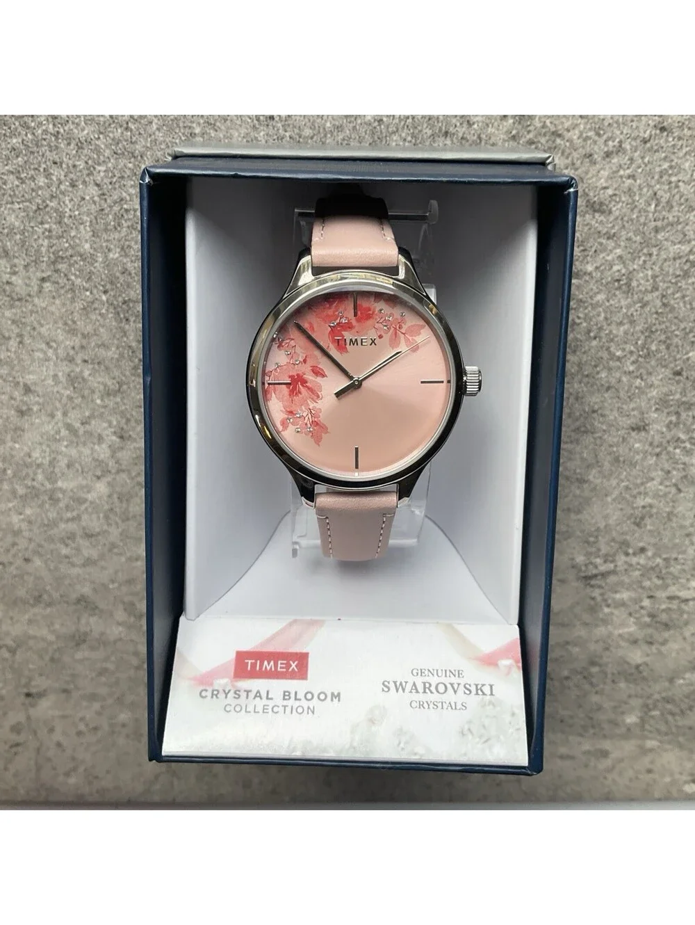 Timex Womens Watch 36mm Case Floral Dial Pink Leather Band Quartz Three Hands S2